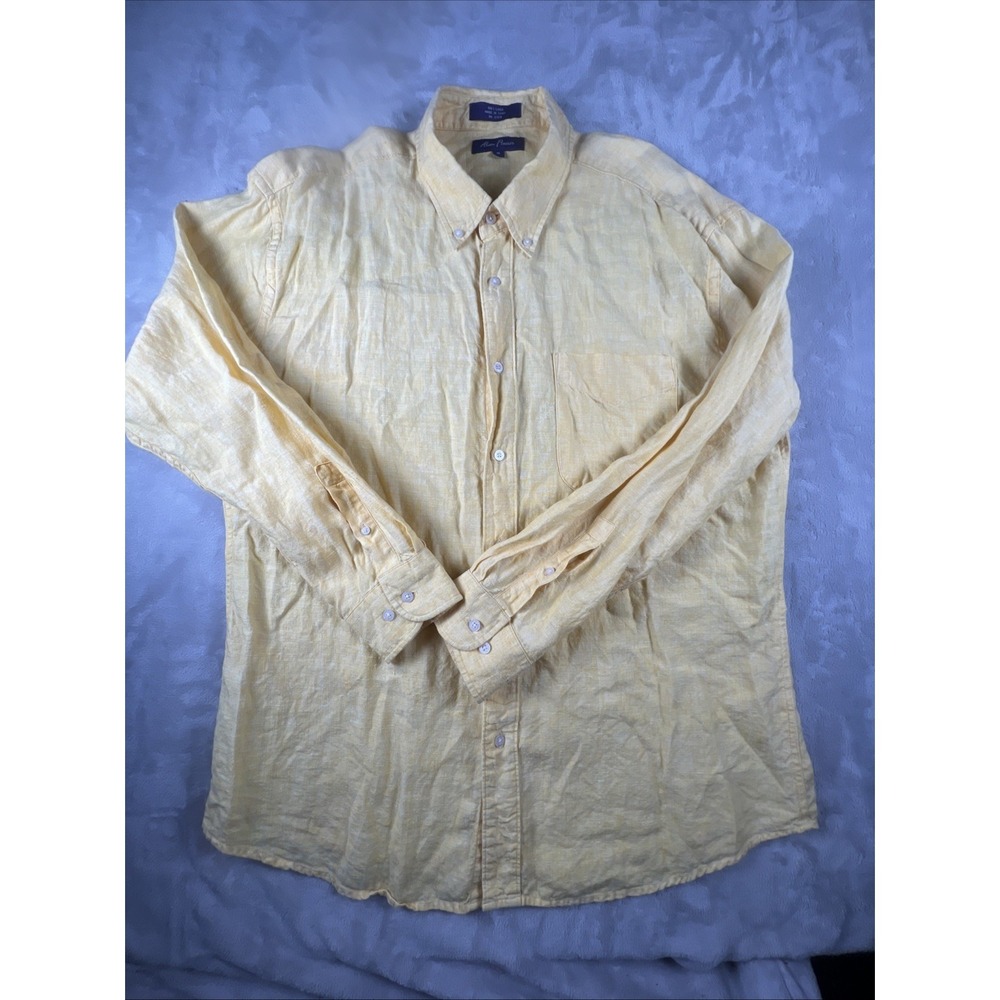 Alan‎ Flusser  XL Shirt Button Down Butter Yellow Long Sleeve 100% Linen Pocket